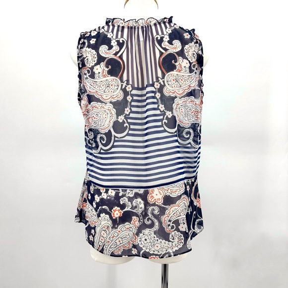 Cabi Peplum Blouse #5349, Mixed Print Semi-Transparent V-Neck Sleeveless Top, XS - Picture 9 of 16